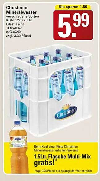 Christinen Mineralwasser verschiedene Sorten Kiste 12x0,75Ltr. Glasflasche