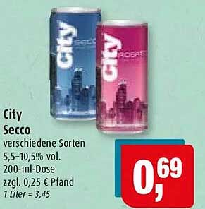 City Secco verschiedene Sorten 5,5-10,5% vol. 200-ml-Dose zzgl. 0,25 € Pfand 1 Liter = 3,45