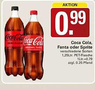 Coca Cola, Fanta oder Sprite verschiedene Sorten 1,25Ltr. PET-Flasche