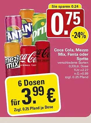 Coca Cola, Mezzo Mix, Fanta oder Sprite verschiedene Sorten 0,33 ltr. Dose