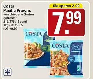 Costa Pacific Prawns verschiedene Sorten gefrostet 215/275g Beutel 1kg=ab 29.05 n.G.=9.99