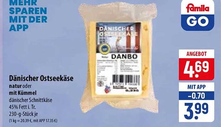 Dänischer Ostseekäse natur oder mit Kümmel dänischer Schnittkäse 45% Fett i. Tr. 230-g-Stück je