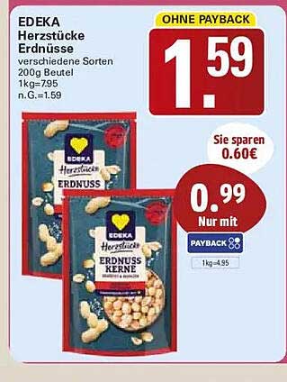 EDEKA Herzstücke Erdnüsse verschiedene Sorten 200g Beutel 1kg=7,95 n.G.=1,59