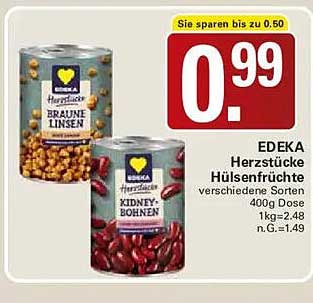 EDEKA Herzstücke Hülsenfrüchte verschiedene Sorten 400g Dose 1kg=2.48 n.G.=1.49