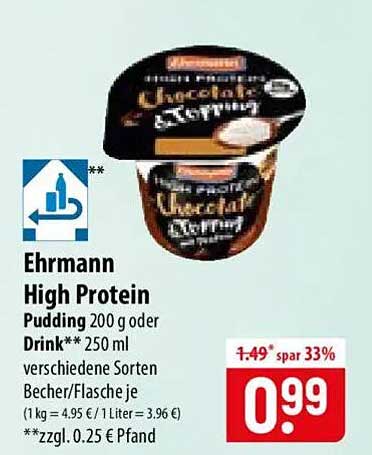 Ehrmann High Protein Pudding 200 g oder Drink** 250 ml verschiedene Sorten Becher/Flasche je