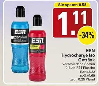 ESN Hydrcharge Iso Getränk verschiedene Sorten 0.5Ltr. PET-Flasche 1Ltr.=2.22 n.G.=1.69 zzgl. 0.25 Pfand