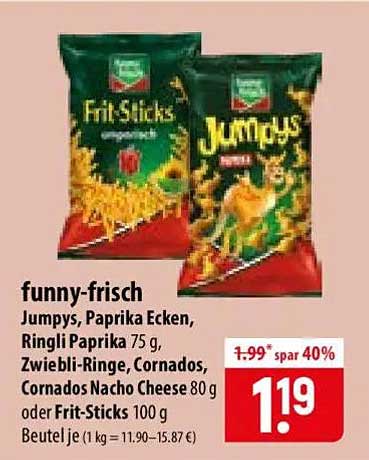funn y-frisch Jumpys, Paprika Ecken, Ringli Paprika 75 g, Zwiebli-Ringe, Cornados, Cornados Nacho Cheese 80 g oder Frit-Sticks 100 g Beutel je (1 kg = 11.90–15.87 €)