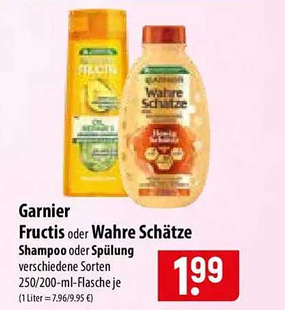 Garnier Fructis oder Wahre Schätze Shampoo oder Spülung verschiedene Sorten 250/200-ml-Flasche je