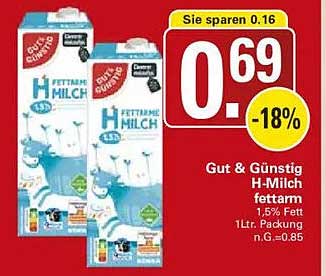 Gut & Günstig H-Milch fettarm 1,5% Fett 1 Ltr. Packung n.G.=0.85
