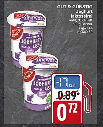 GUT & GÜNSTIG Joghurt laktosefrei mild, 3,8% Fett 500g Becher 1kg=1,44 n.G.=0.89