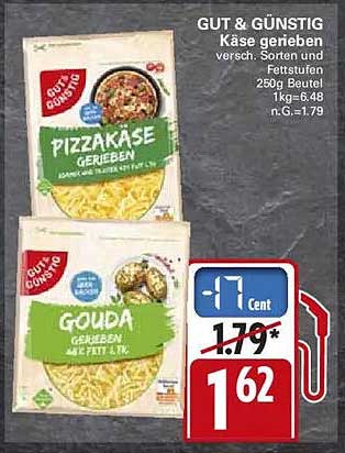 GUT & GÜNSTIG Käse gerieben, versch. Sorten und Fettstufen, 250g Beutel 1kg=6.48 n.G.=1.79
