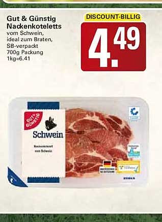 Gut & Günstig Nackensteaks vom Schwein, ideal zum Braten, SB-verpackt 700g Packung 1kg=6.41