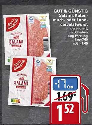 GUT & GÜNSTIG Salami, Katen- rauch- oder Land-cervelatwurst geräuchert, in Scheiben