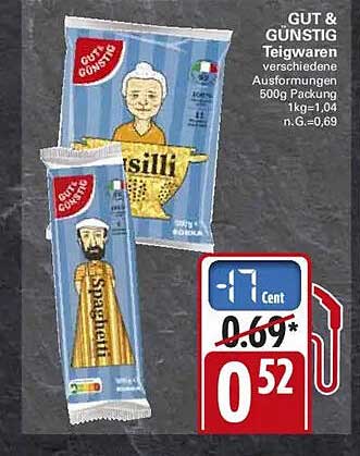 GUT & GÜNSTIG Teigwaren verschiedene Ausformungen 500g Packung 1kg=1,04 n.G.=0,69
