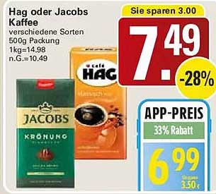 Hag oder Jacobs Kaffee verschiedene Sorten 500g Packung