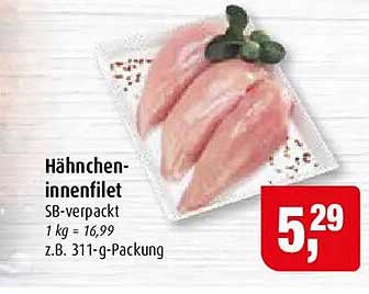 Hähncheninnenfilet SB-verpackt 1 kg = 16,99 z.B. 311-g-Packung