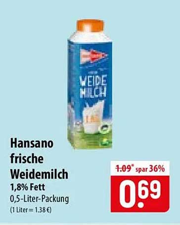 Hansano frische Weidemilch 1,8% Fett 0,5-Liter-Packung