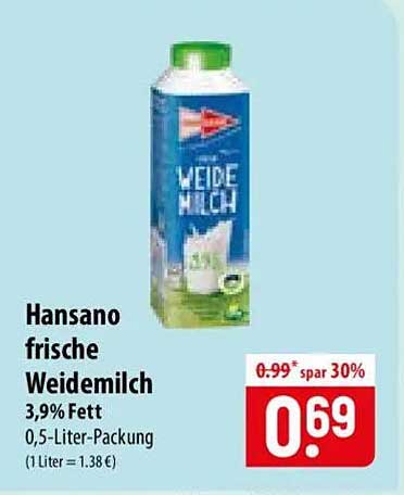 Hansano frische Weidemilch 3,9% Fett 0,5-Liter-Packung
