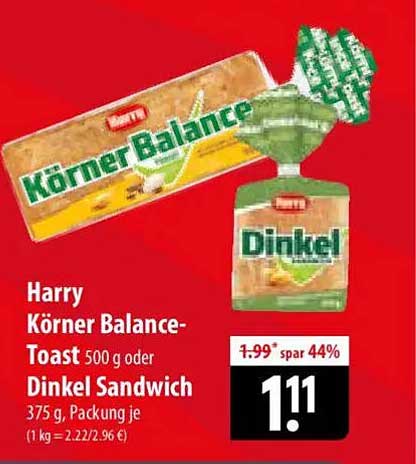 Harry Körner Balance-Toast 500 g oder Dinkel Sandwich 375 g, Packung je