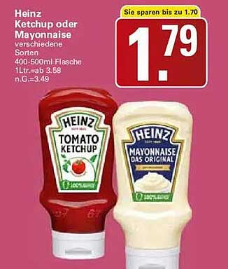 Heinz Ketchup oder Mayonnaise verschiedene Sorten 400-500ml Flasche 1Ltr.=ab 3,58 n.G.=3,49