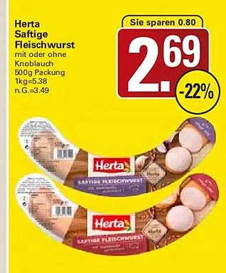 Herta Saftige Fleischwurst mit oder ohne Knoblauch 500g Packung