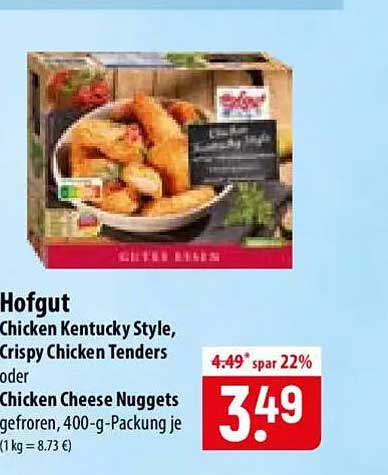 Hofgut Chicken Kentucky Style, Crispy Chicken Tenders oder Chicken Cheese Nuggets gefroren, 400-g-Packung je