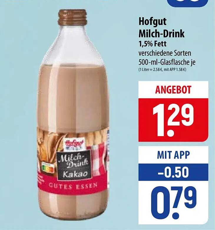 Hofgut Milch-Drink 1,5% Fett verschiedene Sorten 500-ml-Glasflasche je