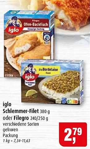 iglo Schlemmer-Filet 380 g oder Filegro 240/250 g verschiedene Sorten gefroren Packung 1 kg = 7,34–11,63