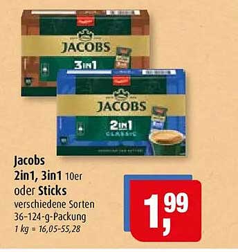 Jacobs 2in1, 3in1 10er oder Sticks verschiedene Sorten 36-124-g-Packung