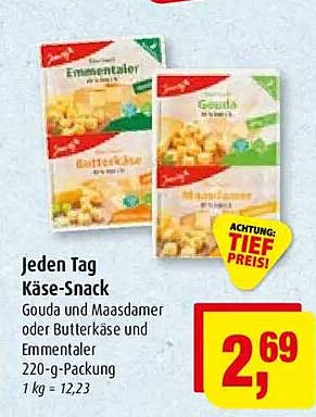 Jeden Tag Käse-Snack Gouda und Maasdamer oder Butterkäse und Emmentaler 220-g-Packung 1 kg = 12,23
