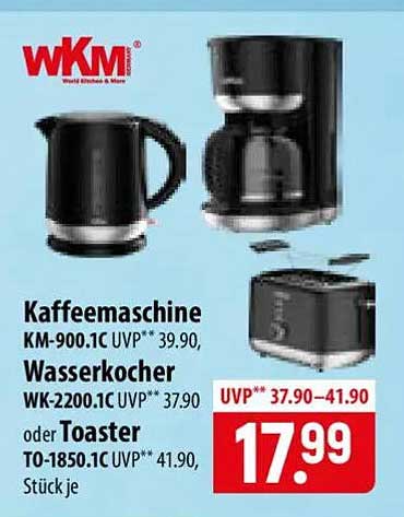 Kaffeemaschine KM-900.1C UVP** 39.90, Wasserkocher WK-2200.1C UVP** 37.90 oder Toaster TO-1850.1C UVP** 41.90, Stück je