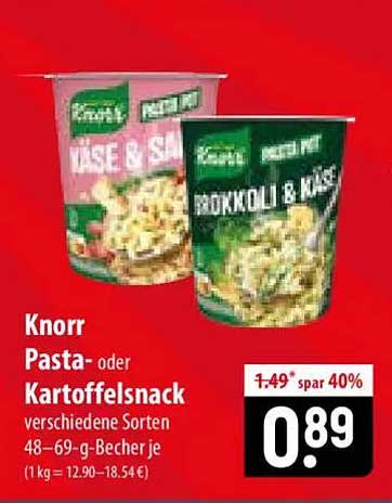 Knorr Pasta- oder Kartoffelsnack verschiedene Sorten 48–69-g-Becher je