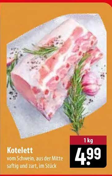 Kotelett vom Schwein, aus der Mitte saftig und zart, im Stück