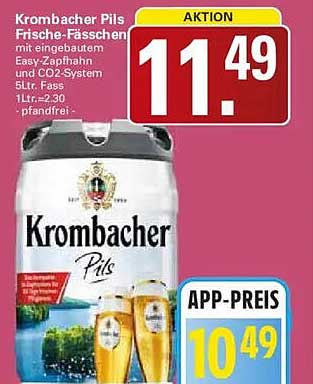 Krombacher Pils Frische-Fassuhrn mit eingebautem Easy-Zapfhahn und CO2-System 5ltr. Fass 1 ltr.=2.30 + pfandfrei