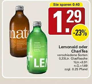 Lemonaid oder ChariTea verschiedene Sorten 0,33Ltr. Glasflasche 1Ltr.=3.91 n.G.=1.69 zzgl. 0.25 Pfand