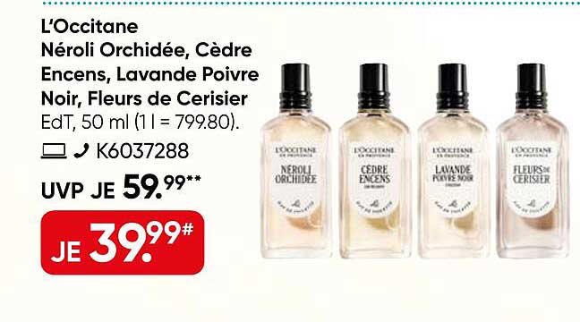 L'Occitane Néroli Orchidée, Cèdre Encens, Lavande Poivre Noir, Fleurs de Cerisier