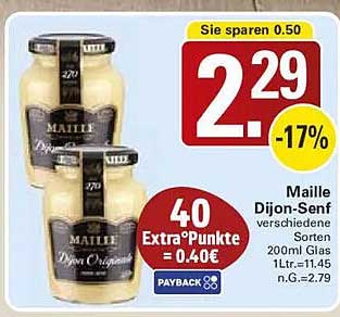 Maille Dijon-Senf verschiedene Sorten 200ml Glas 1Ltr.=11,45 i.G.=2,79 40 Extra-Punkte = 0,40€