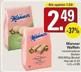 Manner Waffeln verschiedene Sorten 300/400g Beutel 1kg=ab 6.23 n.G.=3.99