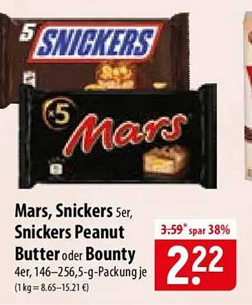 Mars, Snickers 5er, Snickers Peanut Butter oder Bounty 4er, 146–256,5-g-Packung je