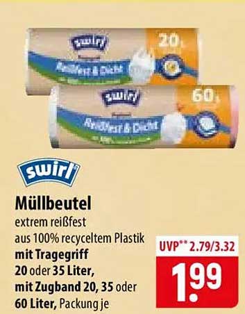 Müllbeutel extrem reißfest aus 100% recyceltem Plastik mit Tragegriff
