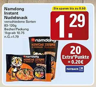 Namdong Instant Nudelsnack verschiedene Sorten 83-120g Becher/Packung 1kg=ab 10.75 n.G.=1.79