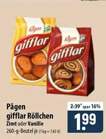 Pagen giftlar Röllchen Zimt oder Vanille 260-g-Beutel je (1 kg = 7.65 €)