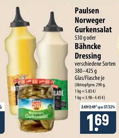 Paulsen Norweger Gurkensalat 530 g oder Bähncke Dressing verschiedene Sorten 380–425 g Glas/Flasche je