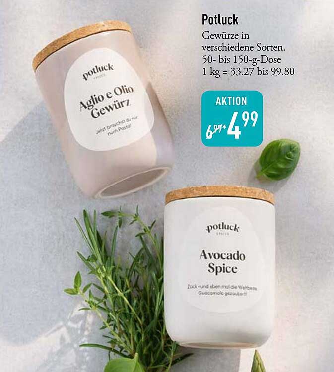 Potluck Gewürze in verschiedene Sorten. 50- bis 150-g-Dose 1 kg = 33.27 bis 99.80