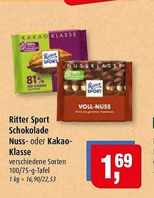 Ritter Sport Schokolade Nuss- oder Kakaoklasse verschiedene Sorten 100/75-g-Tafel