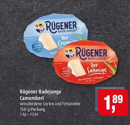 Rügener Badejunge Camembert verschiedene Sorten und Fettanteile 150-g-Packung