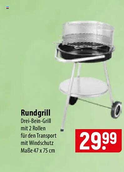 Rundgrill Drei-Bein-Grill mit 2 Rollen für den Transport mit Windschutz Maße 47 x 75 cm