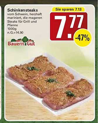Schinkesteaks vom Schwein, herzhaft mariniert, mageren Steaks für Grill und Pfanne 1000g n.G.=14.90