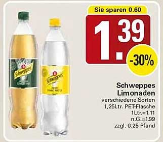 Schweppes Limonaden verschiedene Sorten 1,25Ltr. PET-Flasche
