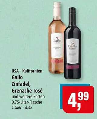 USA – Kalifornien Gallo Zinfadel, Grenache rosé und weitere Sorten 0,75-Liter-Flasche 1 Liter = 6,65